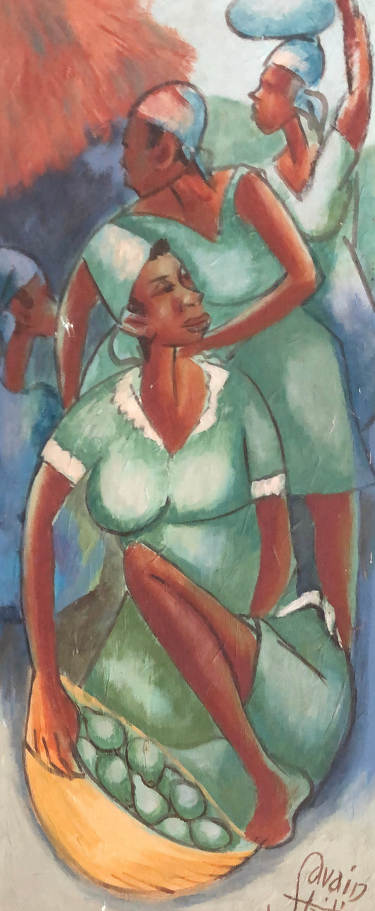 Petion Savain (1906-1973) 20"x10 Sellers in Green 1970 Oil on Canvas Painting #1YN