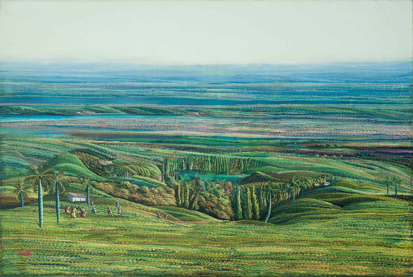 Panoramic Haitian landscape painting by Jean Adrien Seide depicting an expansive cultivated valley with palm trees and figures, acrylic on canvas, 36 x 48 inches, 2008.
