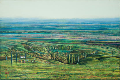 Panoramic Haitian landscape painting by Jean Adrien Seide depicting an expansive cultivated valley with palm trees and figures, acrylic on canvas, 36 x 48 inches, 2008.
