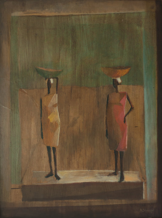 Bernard Sejourne (1947-1994) 40"x30" Two Female Sellers in Red 1973 Acrylic on Masonite Unframed Painting #1-3-96GSN-Collection of Marie & Georges S. Nader