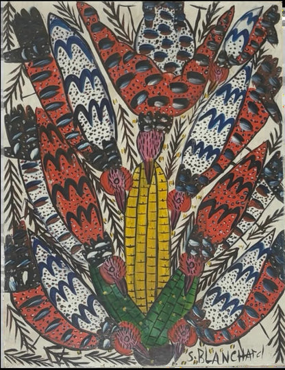 Sisson Blanchard oil on board painting, fantastical bird with corn body and fanned plumage
