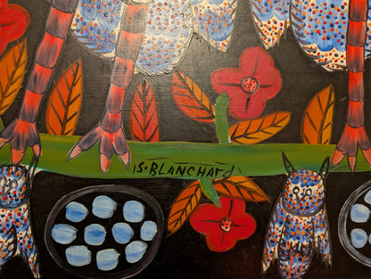 Sisson Blanchard (1926-1981) 24"x32" Cinq chouettes Huile sur planche #1MFN