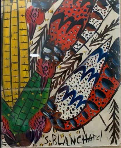 Sisson Blanchard ( 1926-1981) 15.50"x11.50" Birds and Corn c1970 Oil on Board Painting #11FDM