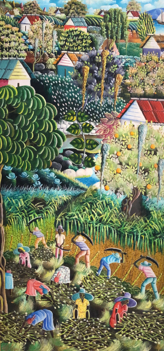 Bien-Aime Sylvain 45"x22" Harvest Scene  1980 Oil on Board Unframed Painting #1YN