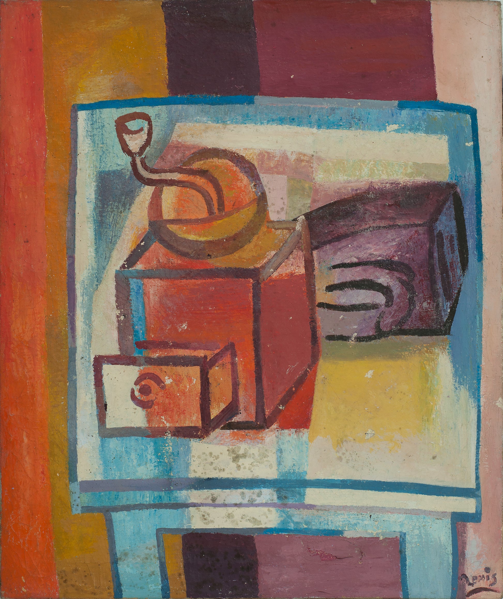 Villard Denis “Davertige” painting titled The Coffee Grinder, oil on canvas, 24x20 inches, 1955, unframed—cubist still life with geometric forms in warm tones, signed and dated lower right, from the Marie & Georges S. Nader Family Collection.