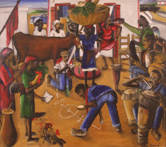 Artistic depiction of a lively scene with people and animals, possibly from Haitian culture.