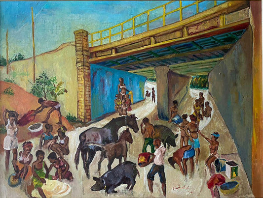 Yves Michaud Haitian village life oil painting 1980 showing market scene with villagers horses and animals under bridge 24x32 canvas.