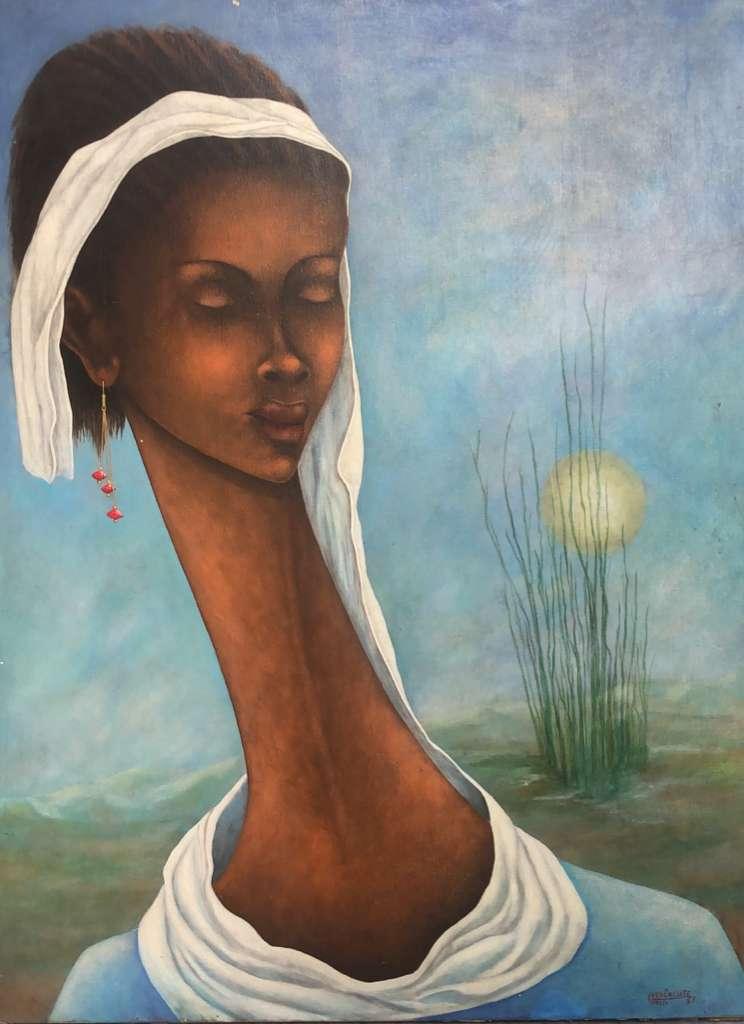 Oil painting by Haitian artist Yves Calixte showing a serene woman with an elongated neck and calm expression, rendered in soft earth and sky tones.