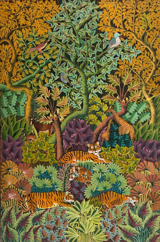 Haitian naïve painting by Yves Jacotin depicting a dense forest canopy with tigers, giraffes, birds, and layered tropical foliage, oil on canvas, 60 x 40 inches, 1980.