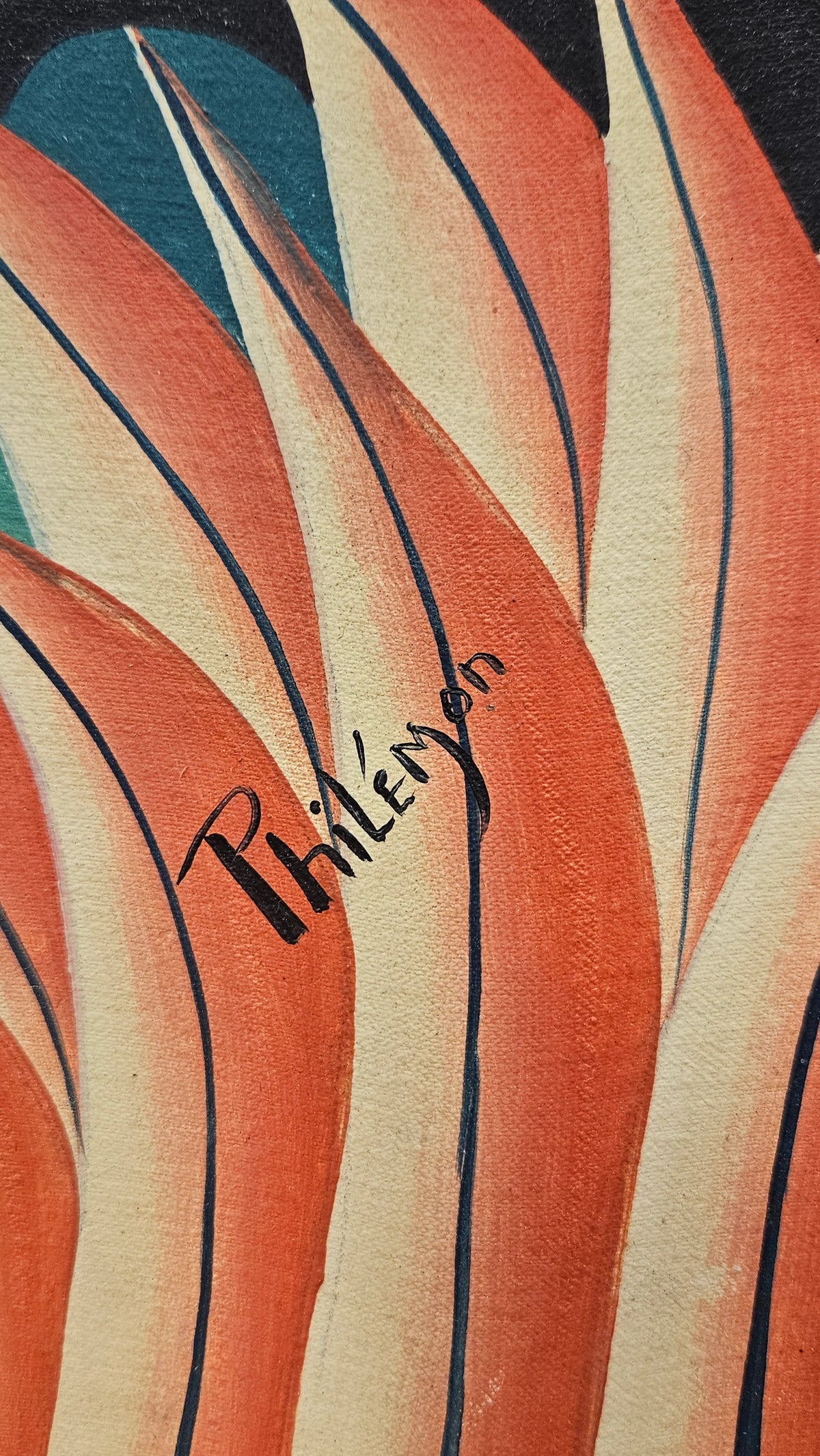 Fritz Philémon signature on orange and cream flame-like leaves in a Haitian oil painting