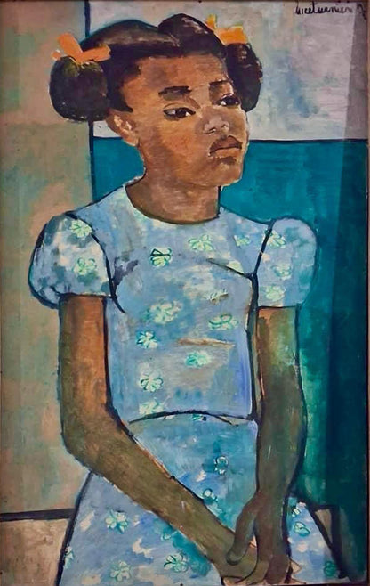 Luce Turnier original Haitian art painting, 1972, oil on board, young girl in blue floral dress with orange hair ribbons, hands clasped