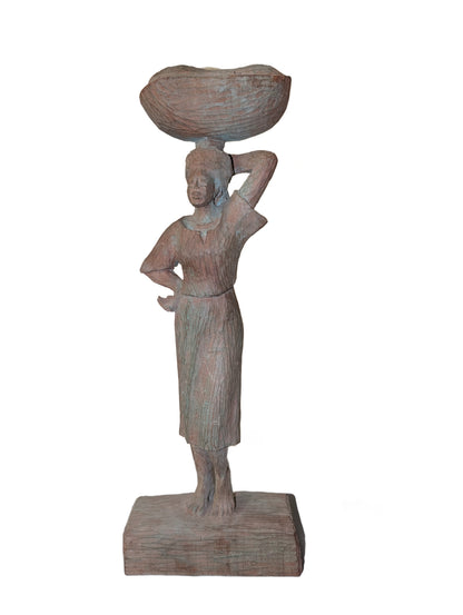 Ludovic Booz hand-carved wood sculpture of a Haitian woman carrying a basket on her head