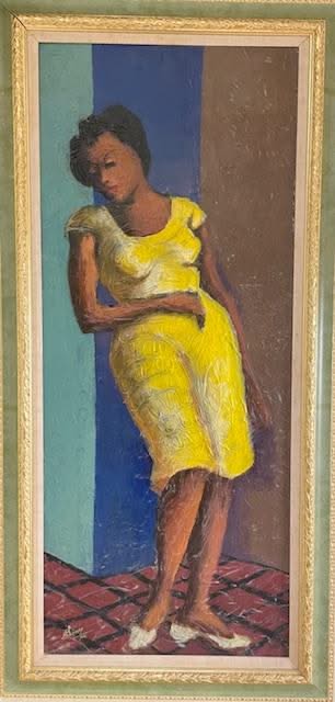Nehemy Jean Haitian painting Marie-Tottoir: a woman in a yellow dress leaning in a doorway against turquoise, blue, and brown walls
