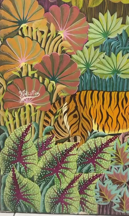 Yves Jacotin 48"x36" Tigres dans une jungle huile sur toile #3-4-90GN-HA