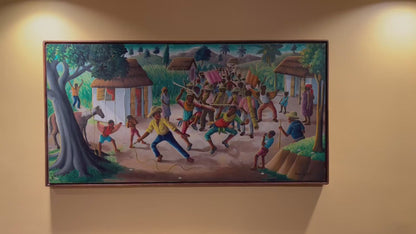 Andre Normil (Haitian, 1934-2014) 17.75" x 35.50" Street Rara Scene "60's-70's  Oil on Board Painting #1KG