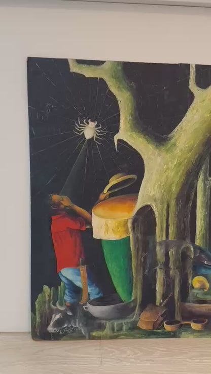 Celestin Faustin (Haitian, 1948-1981) 30"x24" Spider Vision 1972 Oil on Board Painting #1CZ
