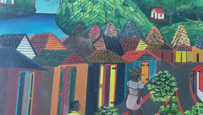 Maurice Vital 16"x24" Escena rural en Jacmel 1970 Óleo sobre tabla #2JN-HA