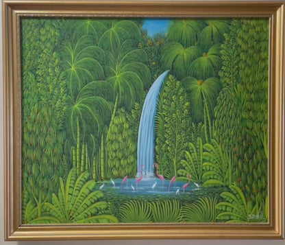 Henri-Robert Bresil 20"x24" Vegetación verde con flamencos, pájaros, ibis y cascada Óleo sobre lienzo #2MFN