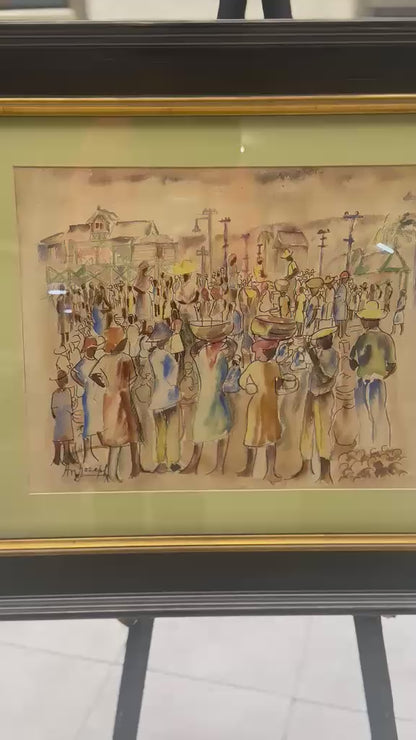 Antonio Joseph (1921-2016) 13,50"x17,50" Scène de marché occupée c1945-46 Aquarelle sur papier #1GSN-MIA