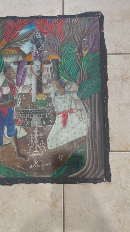 Andre Pierre (Haitiano, 1914-2005) "Baron Samedi en el cementerio" Pintura al óleo sobre lienzo sin marco 20"h x 16"w #27-3-96GSN-NY
