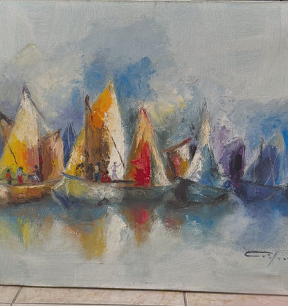 Dieudonne Cedor (1925-2010) 20"x24" Harbor Sailboats with Figures c1980 Oil On Canvas Unframed Painting #2RS