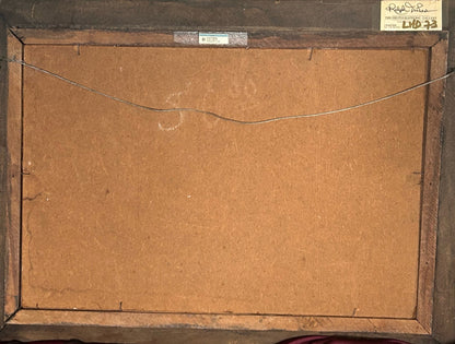 Back of Wilson Bigaud’s 1966 painting with old gallery labels, hanging wire, and original backing paper