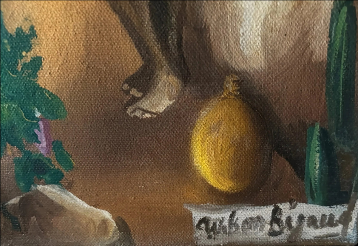 Signature “Wilson Bigaud” at lower right of a 1976 Wilson Bigaud Haitian village painting