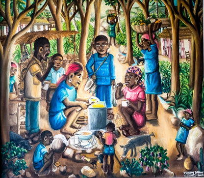 Wilson Bigaud 1976 painting “Sharing a Meal” showing Haitian villagers gathered around a cooking stove under trees, with children, a pig, and a goat