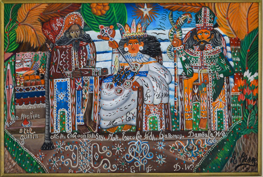 Andre Pierre (1914-2005) 16"x24" Ogoun, Erzulie Freda y Baron Samedi Óleo sobre lienzo #1PM