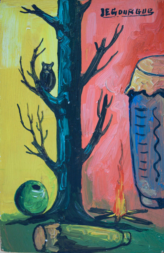 Jacques-Enguerrand Gourgue (1931-1996) 6"x4" El tambor, el árbol y el búho Óleo a bordo Artículo de coleccionista n.° 1PM
