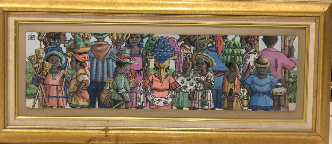 Alix Roy (1930-2010) 9"x26" Mercado de niños ocupados Acrílico sobre lienzo duro Enmarcado #1FC