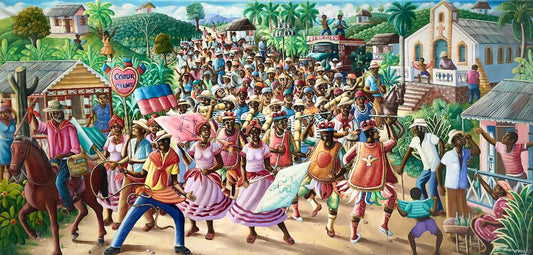 Andre Normil (Haitiano, 1934-2014) "Escena Rara" Pintura al óleo enmarcada sobre lienzo 24"h x 47"w #2GSN-NY