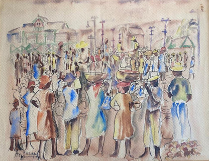 Antonio Joseph (1921-2016) 14"x18" Escena de mercado ocupado c1945-46 Acuarela sobre papel #1GSN-MIA