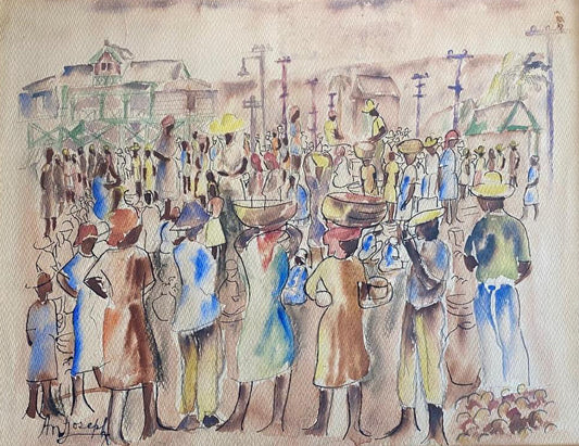 Antonio Joseph (1921-2016) 14"x18" Escena de mercado ocupado c1945-46 Acuarela sobre papel #1GSN-MIA