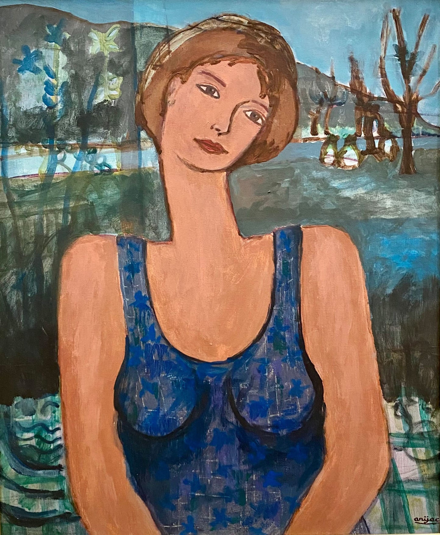 Artistic depiction of a woman in a blue dress with a landscape background