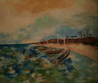 Harry Jacques (Arijak) 16"x20" Barcos c1970 Encáustica sobre lienzo #1JN-HA