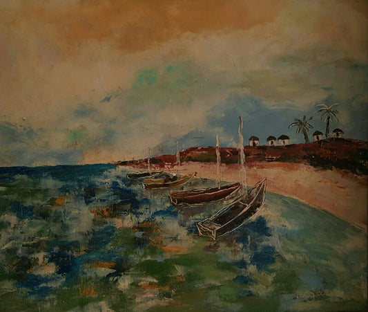 Harry Jacques (Arijak) 16"x20" Barcos c1970 Encáustica sobre lienzo #1JN-HA