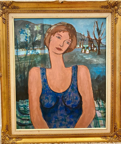 Harry Jacques (Arijac) 24"x26" Blue Female Portrait Acrylic on Canvas Painting #1TC