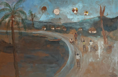 Harry Jacques (Arijac) 24"x36" Cometas en la playa c1970 Acrílico sobre tabla #1HL