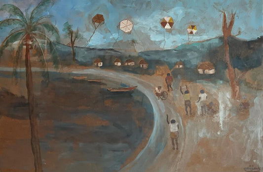 Harry Jacques (Arijac) 24"x36" Cometas en la playa c1970 Acrílico sobre tabla #1HL