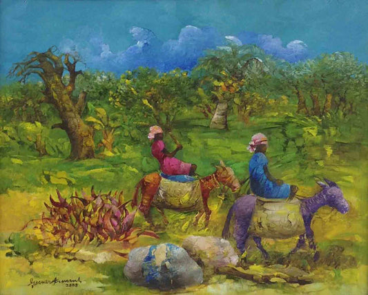Gesner Armand (1936-2008) 16"x20" Dos vendedores en sus burros 2005 Óleo sobre lienzo #2580GN-HA