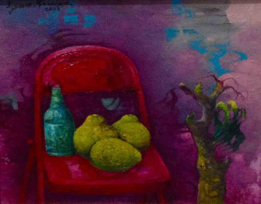 Gesner Armand (1936-2008) 8"x10" Naturaleza muerta en una silla 2003 Óleo sobre tabla #2357GN-HA