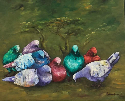 Gesner Armand 16"x20" Palomas multitudinarias 2004 Óleo sobre lienzo #J73-HA