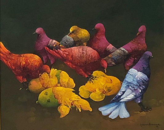 Gesner Armand (1936-2008) 20"x24" Palomas comiendo mangos 1991 Óleo sobre lienzo Enmarcado #3FC