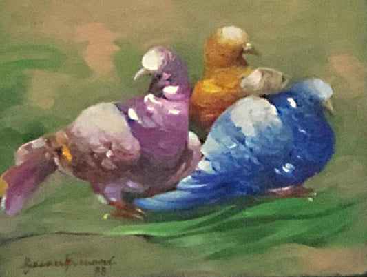 Gesner Armand (1936-2008) 9"x10" Tres palomas 1995 Óleo sobre lienzo Enmarcado #1FC