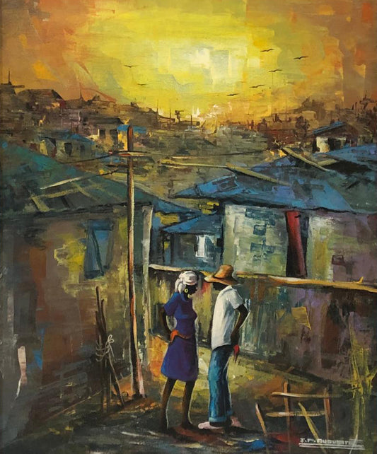 Jean Pierre Auguste 16"x12" Zone Populaire Óleo sobre lienzo Enmarcado #3FC