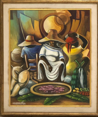Jean Pierre Auguste 24"x20" Vendedor de pescado en el mercado Óleo sobre lienzo Enmarcado #5FC
