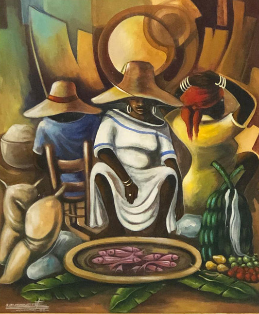 Jean Pierre Auguste 24"x20" Vendedor de pescado en el mercado Óleo sobre lienzo Enmarcado #5FC