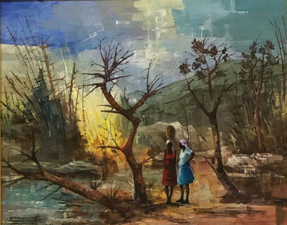 Jean Pierre Auguste 16"x20" Conversación en el camino 1992 Óleo sobre lienzo Enmarcado #2FC