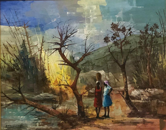 Jean Pierre Auguste 16"x20" Conversación en el camino 1992 Óleo sobre lienzo Enmarcado #2FC